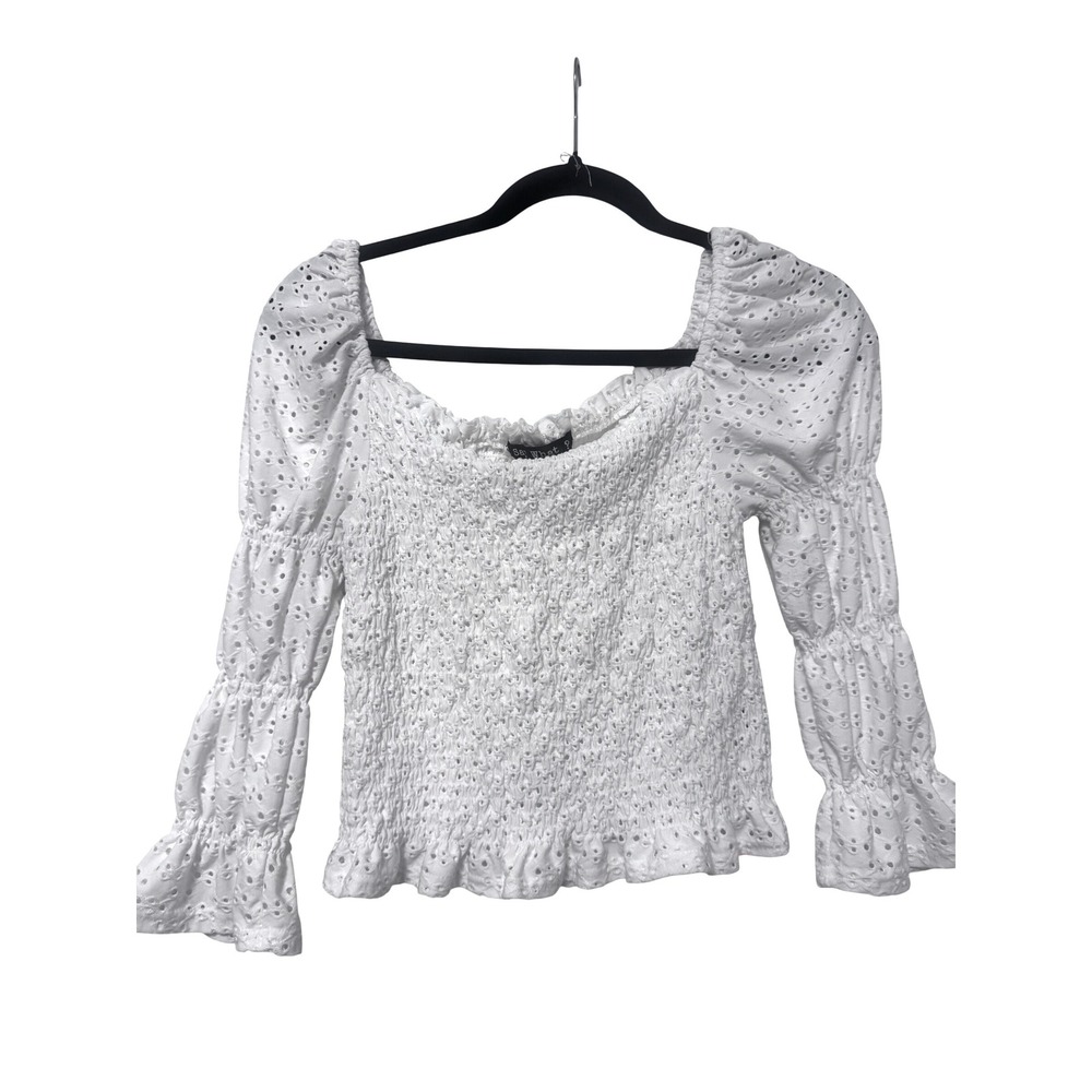 Say‎ What White Eyelet Top Blouse Size L Stretch Boho Cottagecore coquette fairy
